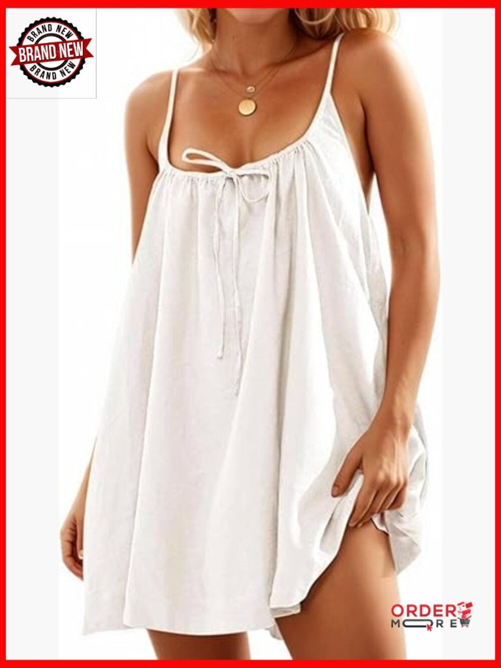 Mini Linen Cover Up Sundress Spaghetti Strap Sleeveless with Pockets - Picture 1 of 5